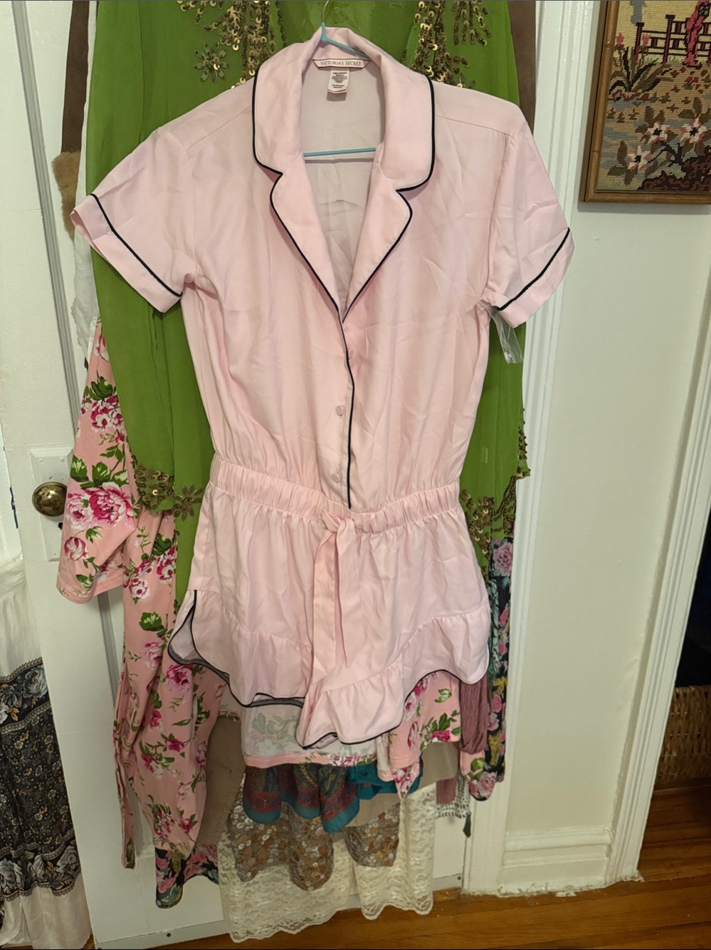 Victoria's Secret Pink Short-Sleeve Satin Romper with Black Piping